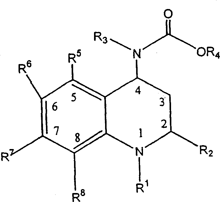 General chemical structure of 4-carboxyamino-2-substituted-1,2,3,4-tetrahydroquinoline derivatives showing variable R groups