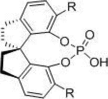 Chemical structure of the chiral spiro phosphoric acid catalyst showing the rigid spiro backbone and acidic P-OH group