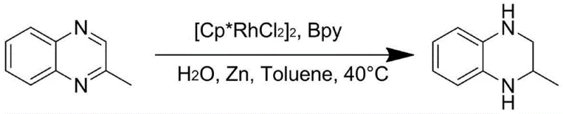 Specific example of tetrahydroquinoxaline synthesis using Cp*Rh catalyst and Bpy ligand demonstrating substrate scope