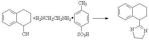 Chemical reaction scheme showing the synthesis of Tetrahydrozoline from 1-cyanotetralin and ethylenediamine monotosylate