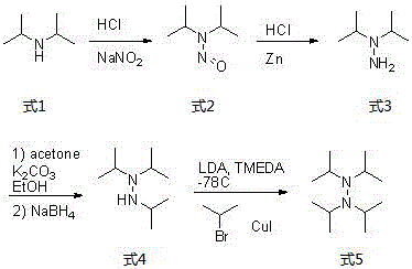 Novel one-step synthesis route for tetraisopropyl hydrazine using LDA and CuI