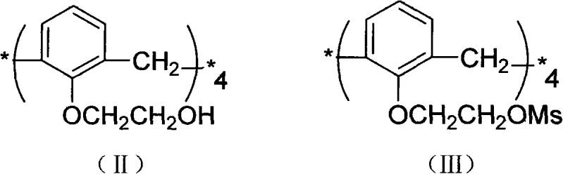 Reaction scheme showing the conversion of tetrahydroxyethoxy-calixarene (II) to tetramethanesulfonyloxyethoxy-calixarene (III)