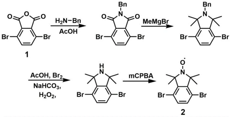 Complete synthetic route from 3,6-dibromophthalic anhydride to the final nitroxide product via benzylation, methylation, and Suzuki coupling