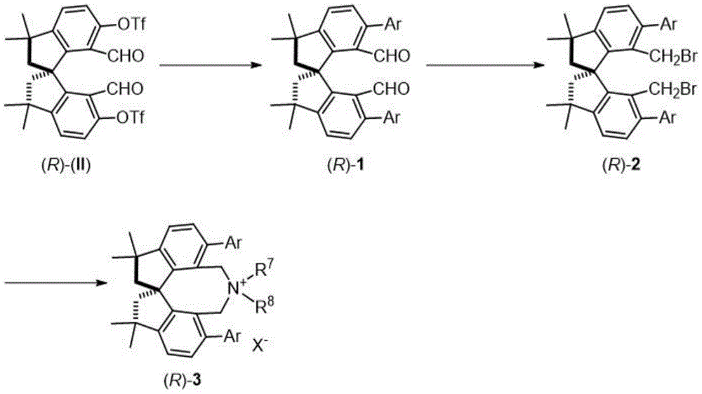 Synthetic pathway showing the conversion from (R)-II to (R)-3 through coupling, reduction, and quaternization steps with specific reagents and conditions