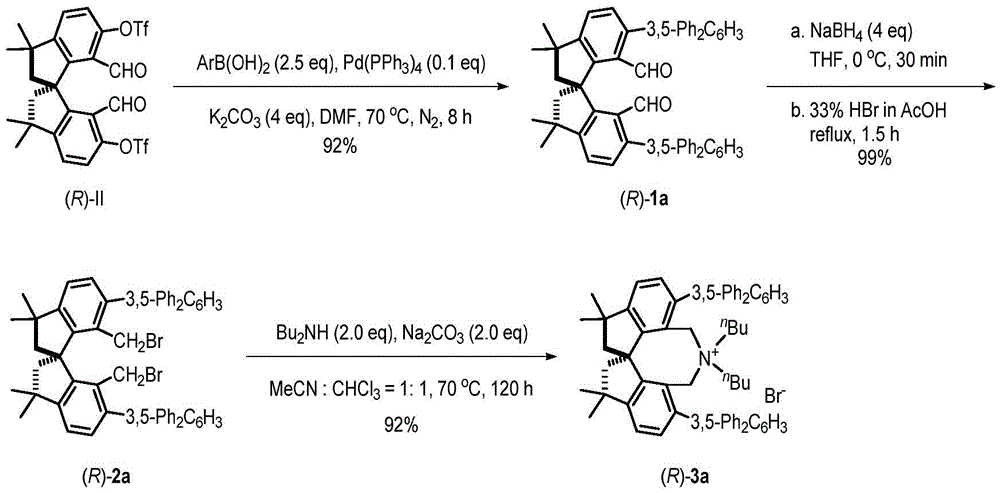 Detailed reaction scheme showing specific reagents conditions and yields for synthesizing (R)-3a including palladium-catalyzed coupling reduction and quaternization steps