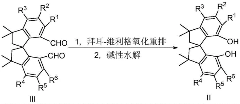Baeyer-Villiger oxidation of tetramethyl spiroindane dialdehyde to diol intermediate