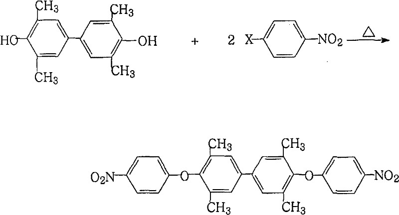 Chemical reaction scheme showing the nucleophilic substitution of tetramethylbiphenol with halonitrobenzene to form the nitro-ether intermediate