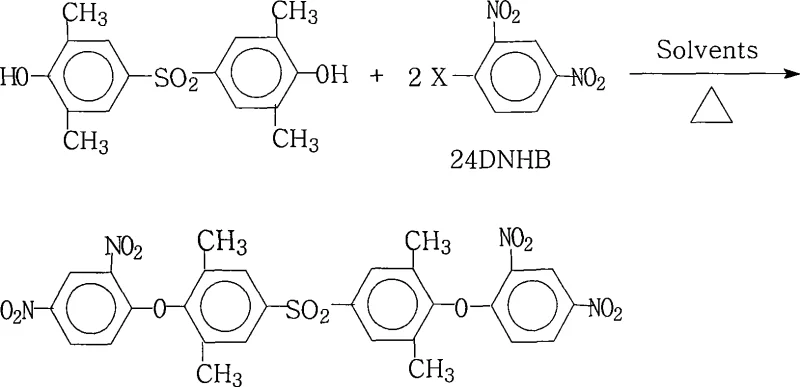Chemical reaction scheme for the synthesis of 4,4'-bis(2,4-dinitrophenoxy)-3,3',5,5'-tetramethyldiphenylsulfone via nucleophilic substitution