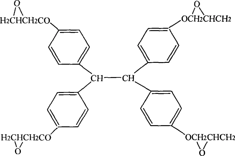 Chemical structure of 1,1,2,2-tetrakis(p-hydroxyphenyl)ethane tetraglycidyl ether epoxy resin showing the four glycidyl ether functional groups