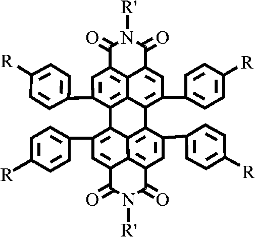General structural formula of 1,6,7,12-tetraphenyl perylene bisimide derivatives showing variable R and R' groups