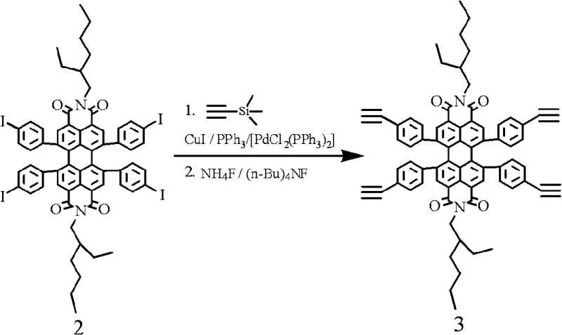 Sonogashira coupling and deprotection sequence to generate tetra-ethynyl perylene bisimide intermediate