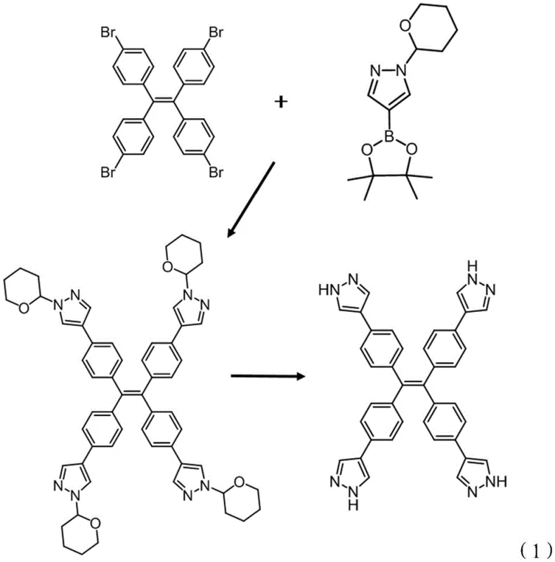 Reaction scheme showing the Suzuki coupling of tetra-bromo tetraphenylethylene with pyrazole boronic ester followed by acid hydrolysis to yield the final poly-pyrazole compound
