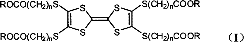 General chemical structure of cholestenyl-substituted tetrathiafulvalene liquid crystal compounds showing variable alkyl chain lengths