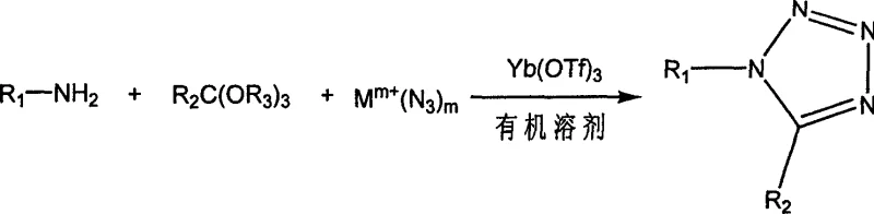 Reaction scheme showing the synthesis of tetrazole from amine, orthoester, and metal azide catalyzed by Yb(OTf)3