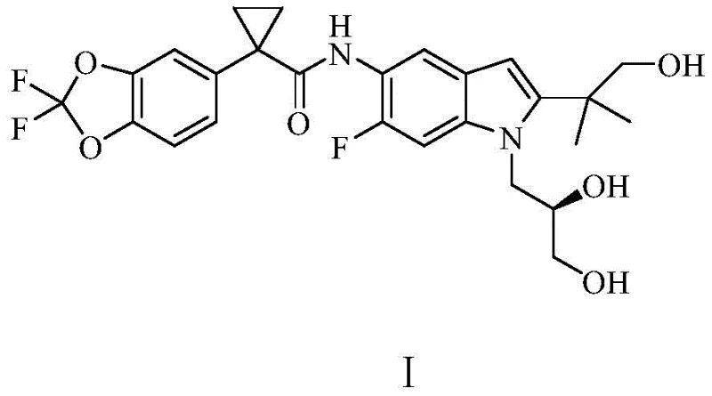Chemical structure of Tezacaftor (Formula I) showing the core indole and benzodioxole motifs