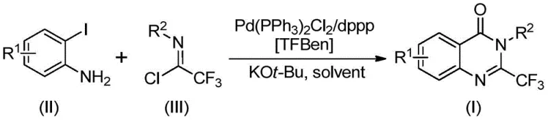 Palladium-catalyzed carbonylation reaction scheme showing conversion of o-iodoaniline and trifluoroethyl imidoyl chloride to quinazolinone derivatives using TFBen as solid CO surrogate