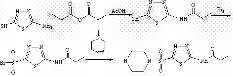 Reaction pathway for 1,3,4-thiadiazole derivative synthesis involving acylation, bromination, and amination