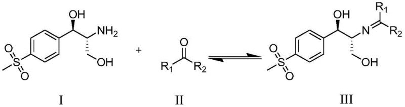 Reaction scheme showing the reversible formation of Schiff base (III) from amine (I) and ketone (II)