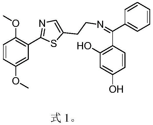 Chemical structure of the target thiazole derivative (Z)-4-((2-(2-(2-(2,5-dimethoxyphenyl)thiazol-5-yl)ethylimino)(phenyl)methyl)-1,3-benzenediol