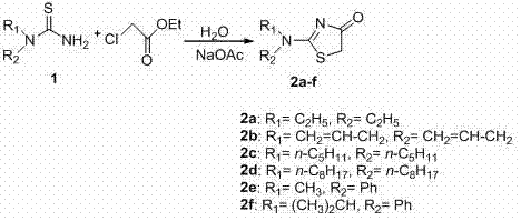 General reaction scheme for the synthesis of 2-(N,N-disubstituted amino)-4-thiazolinone derivatives using N,N-disubstituted thiourea and ethyl chloroacetate in aqueous phase