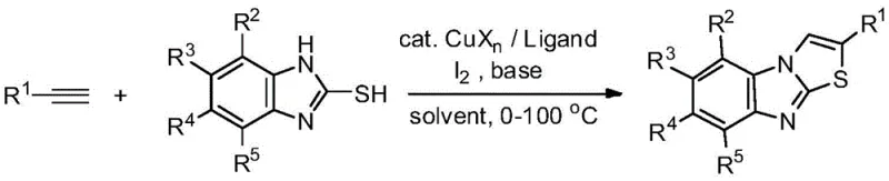 General reaction scheme for the novel copper-catalyzed synthesis of 2-substituted thiazolo benzimidazoles