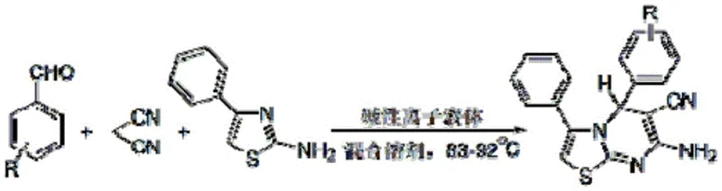 General reaction scheme for three-component synthesis of thiazolo[3,2-a]pyrimidine-6-nitrile derivatives using basic ionic liquid catalyst