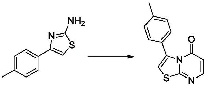 Reaction scheme showing the condensation of thiazole amine with ethyl 3-oxopropionate to form the fused pyrimidinone core