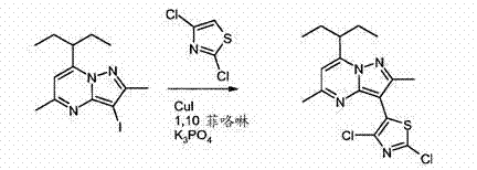 Reaction scheme for Example 1 showing copper-catalyzed coupling to form the dichloro-thiazolyl intermediate