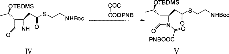 Acylation reaction converting Compound IV to activated intermediate Compound V using oxalyl chloride mono-p-nitrobenzyl ester