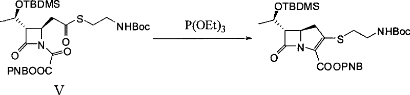 Intramolecular Wittig reaction cyclizing Compound V into the final thienamycin derivative bicyclic structure