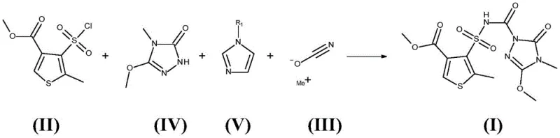 Overall reaction scheme showing the one-pot synthesis of Thiencarbazone-methyl from sulfonyl chloride, metal cyanate, and triazolinone using N-alkylimidazole