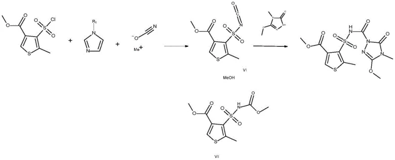Two-step reaction mechanism detailing the formation of sulfonyl isocyanate intermediate and its subsequent conversion to the final product