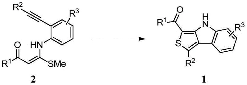 General reaction scheme showing the conversion of 4-alkylthio-4-((2-(phenylethynyl)aryl)amino)but-3-en-2-one to thieno[3,4-b]indole derivatives using FeCl2 and S8