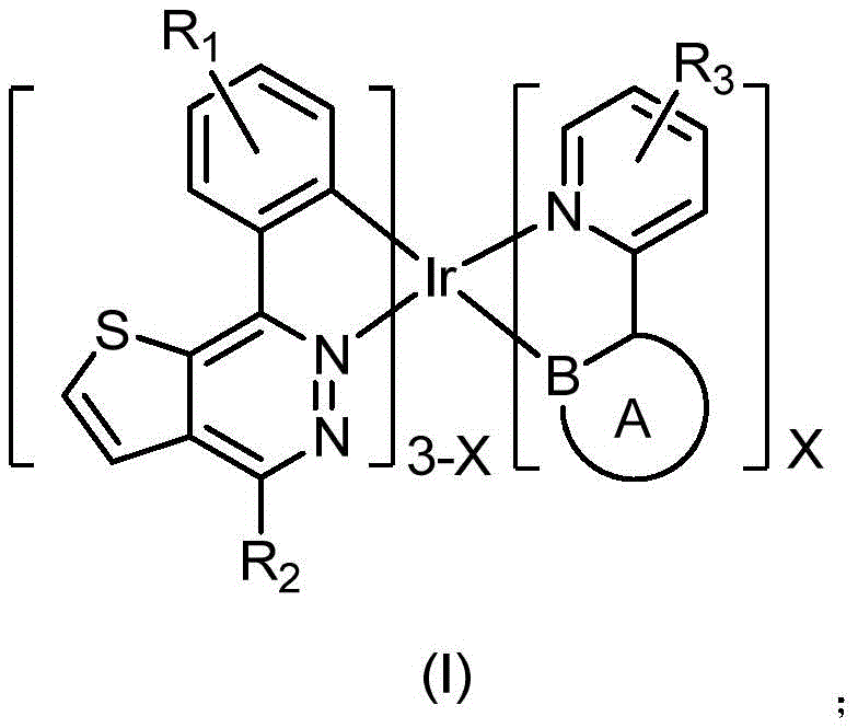 General structural formula of thieno[2,3-d]pyridazine cyclometalated iridium complex showing variable substituents