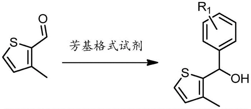 Synthetic route of intermediate 1 showing Grignard reaction with 3-methylthiophene-2-carboxaldehyde