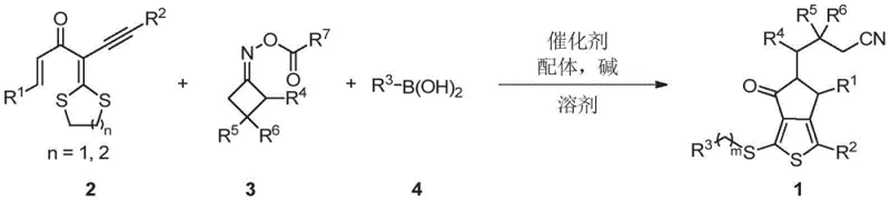 General reaction scheme showing the copper-catalyzed synthesis of polysubstituted thienocyclopentanone derivatives from dithioketals, oxime esters, and boronic acids
