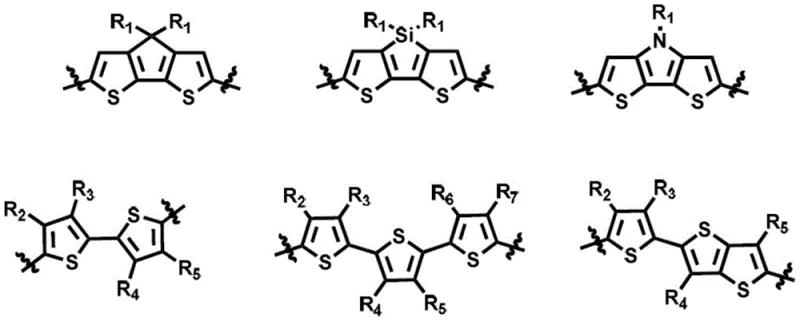 Structural variations of the thiophene conjugated unit D showing diverse alkyl and alkoxy substitutions