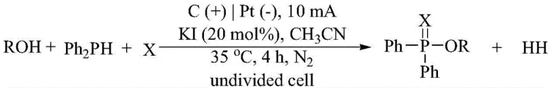 General electrochemical reaction scheme showing alcohol, diphenylphosphine and sulfur/selenium reacting to form the target ester