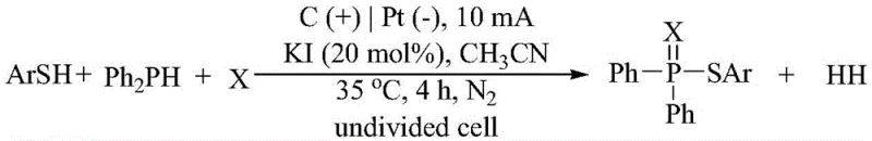 General reaction scheme showing electrochemical coupling of thiophenol, diphenylphosphine, and elemental sulfur/selenium