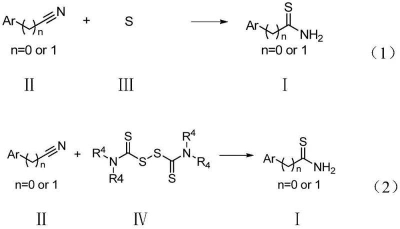 General reaction scheme showing the conversion of cyano compounds to thioamides using elemental sulfur or thiuram with an iodine catalyst