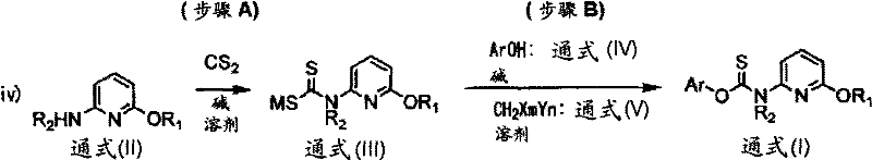 General reaction scheme showing Step A dithiocarbamylation and Step B halomethane coupling