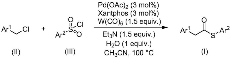 General reaction scheme showing the carbonylation of benzyl chloride and sulfonyl chloride to form thioester
