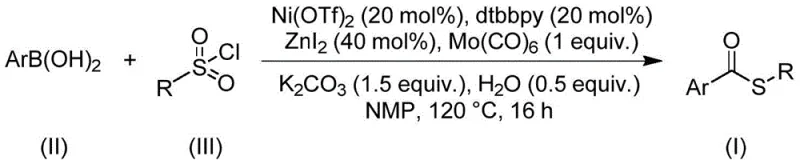 General reaction scheme showing Nickel-catalyzed synthesis of thioesters from arylboronic acids and sulfonyl chlorides
