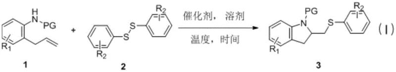 General reaction scheme showing the copper-catalyzed cyclization of 2-allyl phenyl aniline derivatives with disulfides to form thioindoline compounds