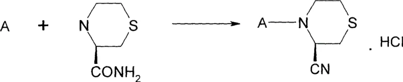 Reaction scheme showing the coupling of BOC-protected amino acids with the thiomorpholine core followed by dehydration to form the nitrile