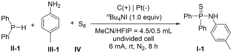 Specific reaction scheme for Example 1 showing synthesis of Compound I-1 with 88% yield