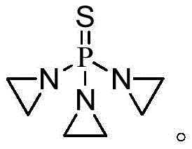 Chemical structure of Thiotepa showing the central phosphorus atom double-bonded to sulfur and bonded to three aziridine rings