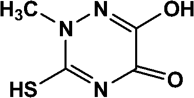 Chemical structure of Thiotriazinone showing the triazine ring with methyl, thiol, and carbonyl functionalities