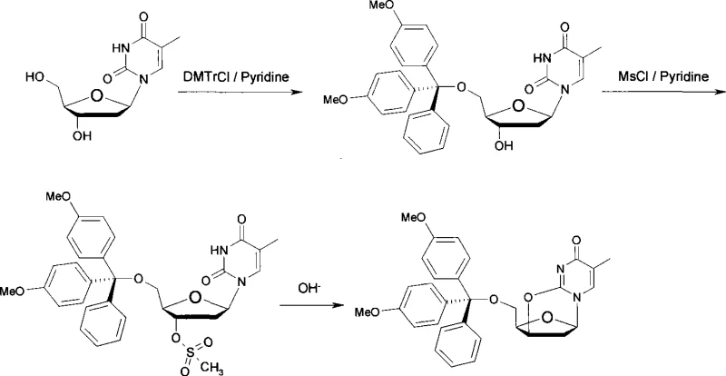 Novel synthetic route starting from thymidine with alkaline cyclization