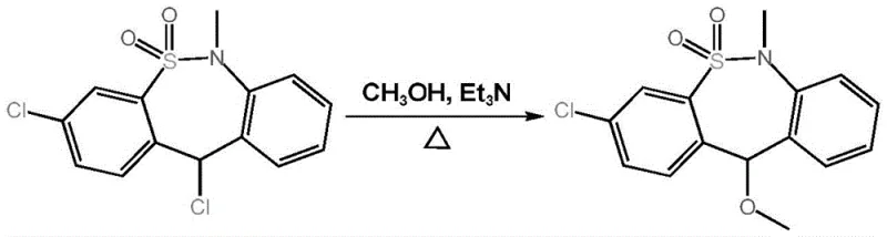 Reaction scheme showing base-catalyzed conversion of dichloro precursor to methoxy intermediate